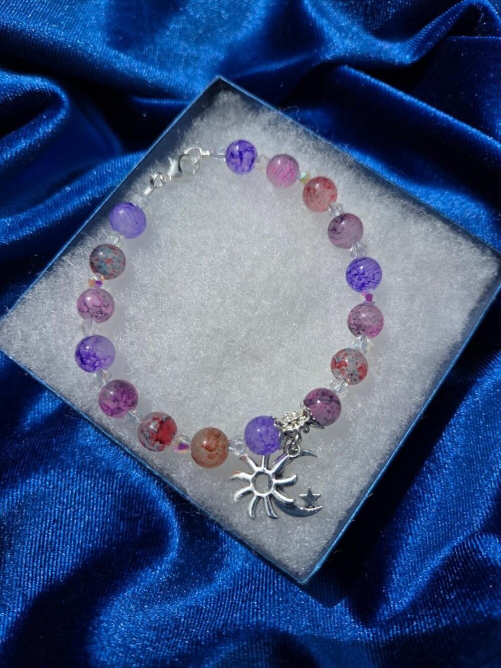Beautiful Celestrial Glass Beaded Bracelet W/Crystal Beads